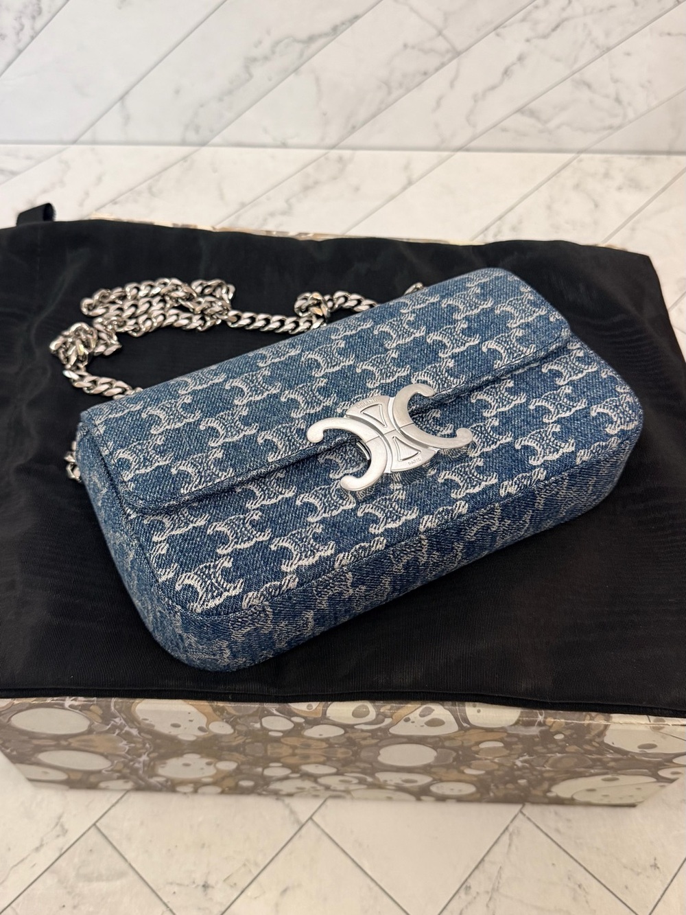 Celine Blue Denim  Triomphe Claude Chain Shoulder Bag
